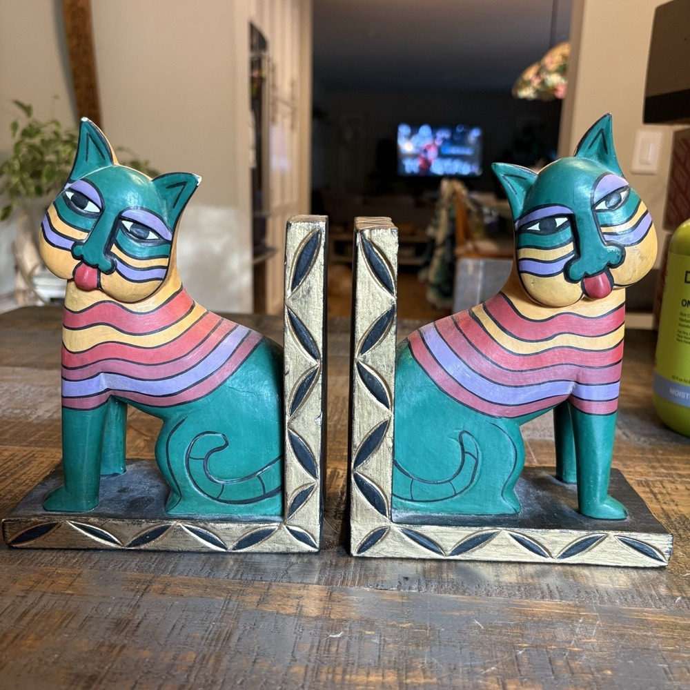 Vintage 90'S Postmodern Wood Cat Bookends In The Style of Laurel Burch